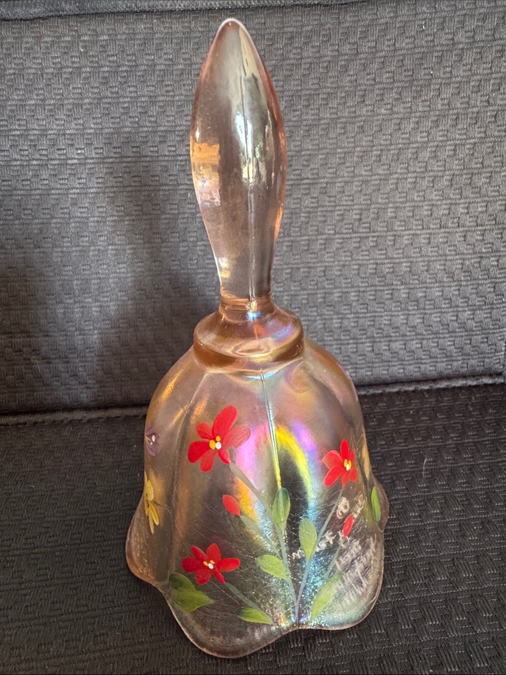 Fenton Iridescent Glass Hand Bell with Red Floral Decoration